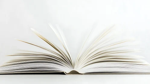 Minimalist photoreal open book with fanned pages, white backdrop