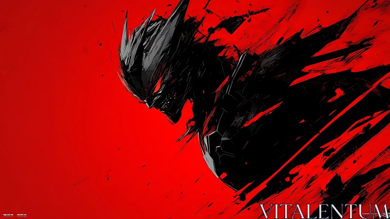 Shadowed cyber demon erupts through blazing red void