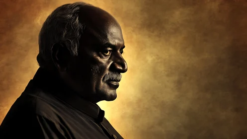 Elderly man in profile under warm dramatic rim lighting.