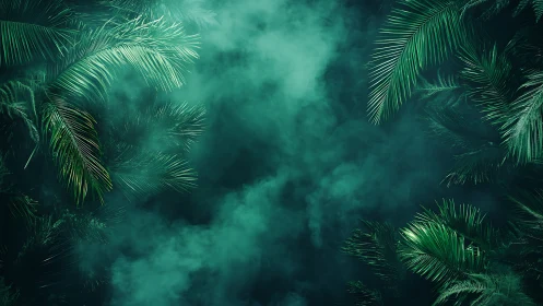 Digital painting of emerald palm fronds in atmospheric mistscape.