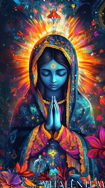 Blue mystic saint in radiant floral cosmic aura