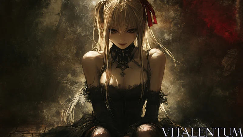 Gothic anime girl sits in shadowed light, gaze intense and still.