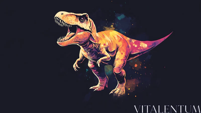 Neon T. rex roars against dark splatter background