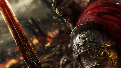Armored warrior with red cloak in burning battlefield scene.