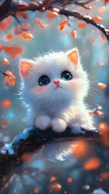 White Kitten with Blue Eyes Among Autumn Leaves.