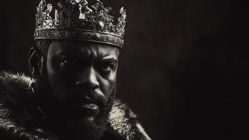Brooding king in ornate crown stares through dramatic shadow.