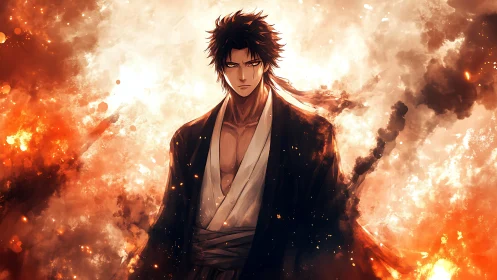 Anime swordsman stands amid intense swirling firestorm