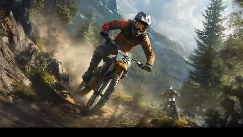 Mountain dirt bike riders on steep forest trail descending.