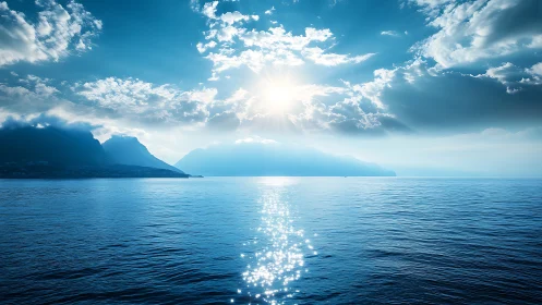 Sunlit sea horizon with glowing clouds and distant cliffs.