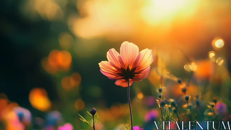Sunlit Cosmos Flower Glowing at Golden Hour.
