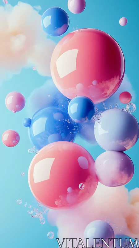 Glossy pastel spheres floating in soft blue space.