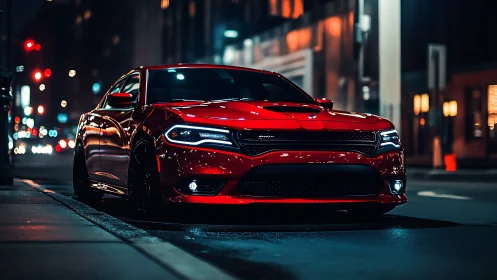 Red performance sedan parked on urban street at night.