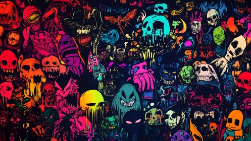 Neon horror collage of skulls, ghosts, and dripping faces.