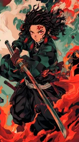 Flame-wreathed swordsman carves power through swirling chaos.