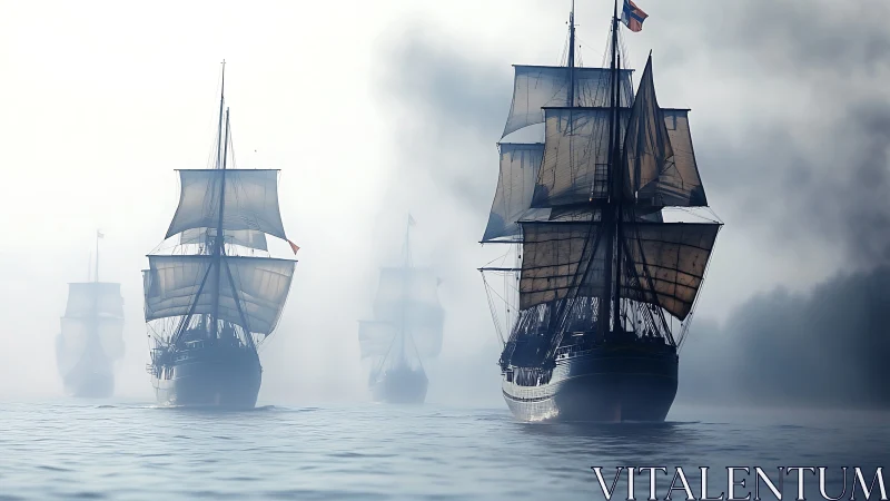 Ghostly tall ships drift through a silver-blue ocean hush.