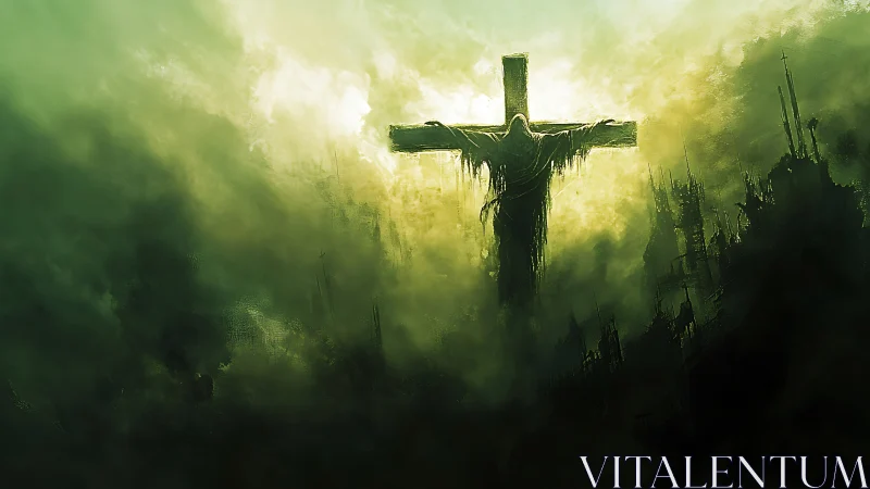 Cross-shaped structure with robed figure in dense green haze