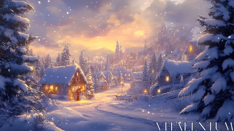 Snowy village cabins glow under a warm winter sunset.