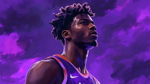 Digital portrait basketball player under vivid purple sky.