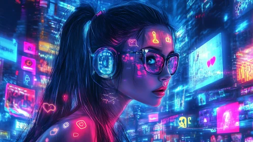 Neon city gamer explores glowing cyber world with calm focus