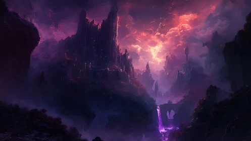 Luminescent fantasy canyon renders molten sky and ruins