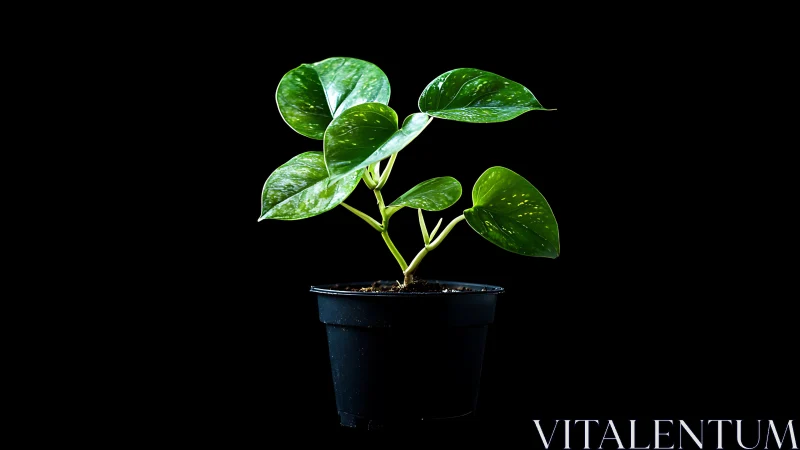 Bright pothos houseplant glows gently against deep black