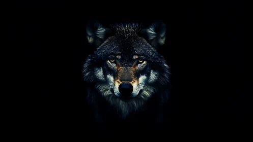 Wolf head is centrally framed against uniform black background