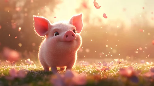 Piglet stands on grass in soft backlit flower meadow