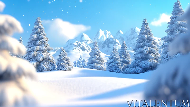 Peaceful snowy pines resting beneath bright winter mountains.