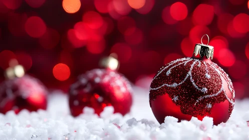 Red Christmas baubles on snow with bright bokeh background.