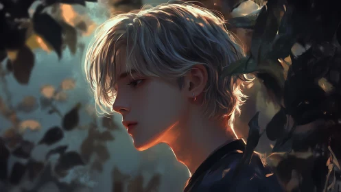 Luminous-haired youth in dusklit garden of quiet echoes.