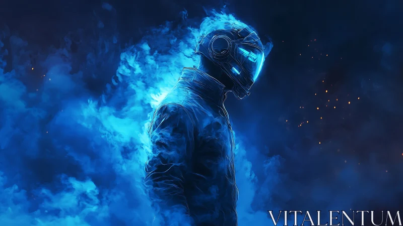 Lone neon astronaut glows softly within swirling blue flames