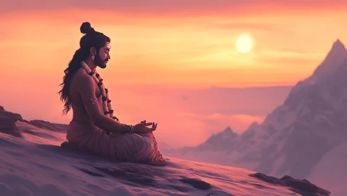 Soft sunrise cradles a serene monk in mountain meditation