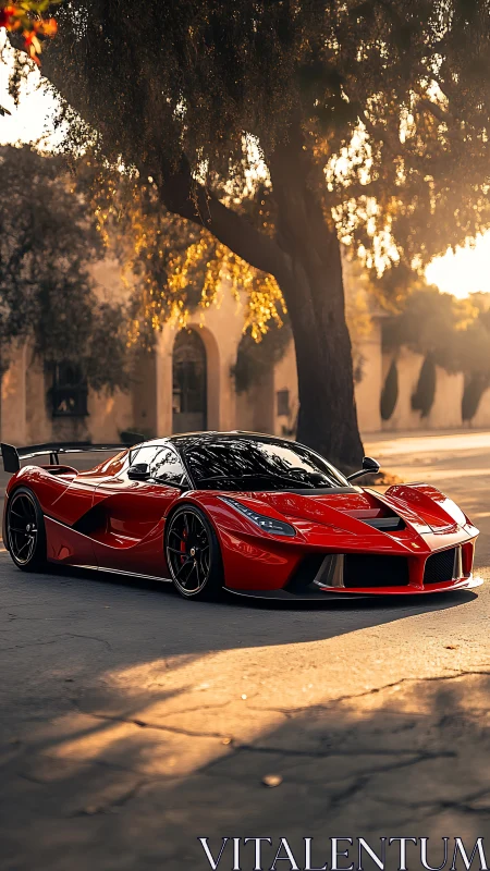 Red mid‑engine sports car parked on sunlit residential street.