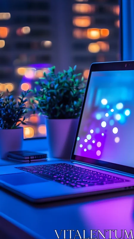 Neon laptop sanctuary glowing against dreamy city windows.