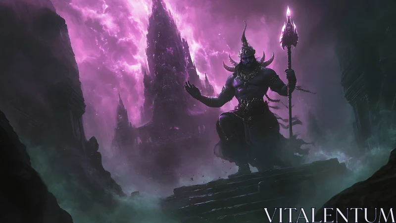 Demonic warlord ascends obsidian steps under violet storm.