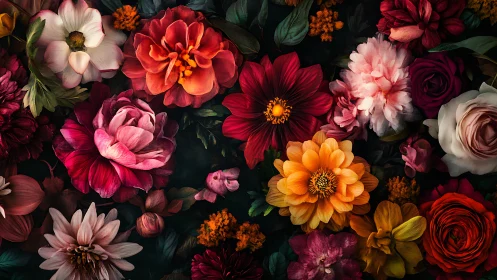 Dense floral arrangement showcases layered blooms in warm color palette.