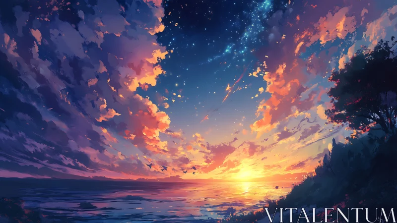 Sunset seascape merges glowing horizon and starry sky