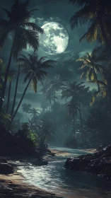 Moonlit Tropical Jungle Stream at Night.