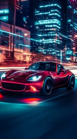 Crimson sports car slices neon night through electric city glow.