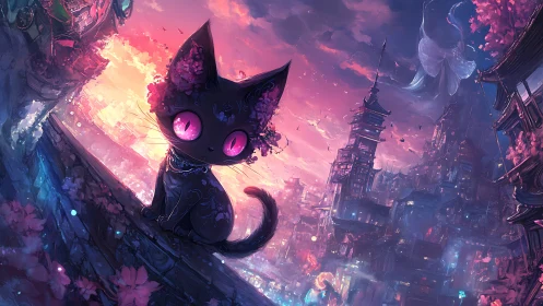 Enchanted neon-eyed cat overlooking dreamlike cityscape.