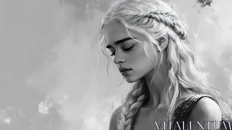 Monochrome digital portrait isolates a pensive braided figure