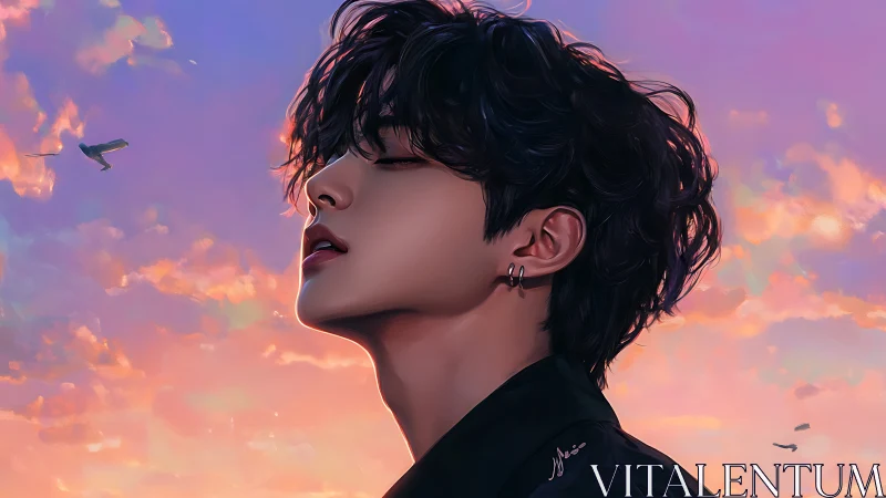 Side-profile digital portrait of youth against sunset sky