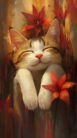 Felid Portrait with Luminous Floral Surrounds and Warm Color Palette.