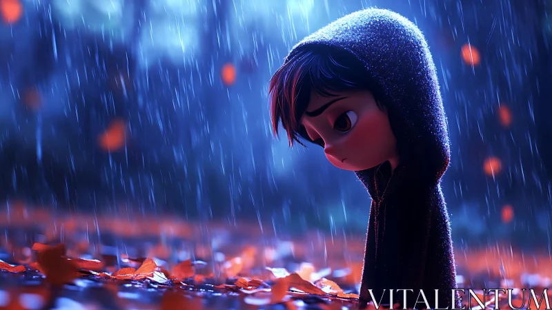 Rain-soaked child adrift in neon autumn gloom of memory.