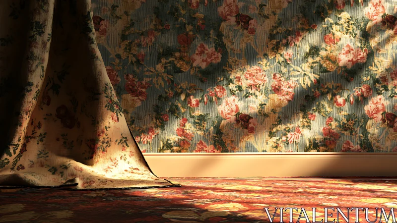 Sunlit floral curtain and wallpaper in a cozy corner.