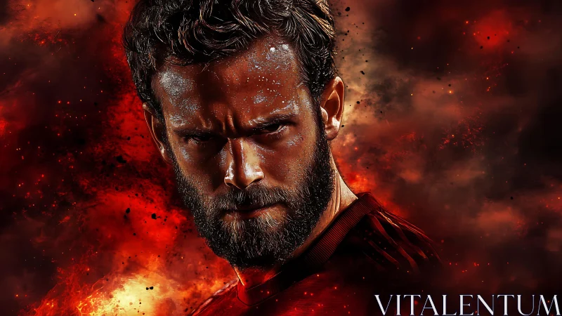 Intense bearded athlete amid blazing red inferno backdrop.