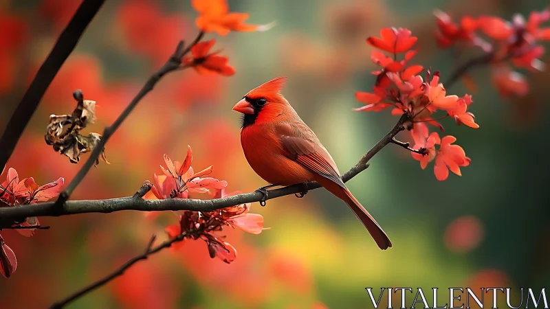 Vibrant red cardinal perched on blooming branch, nature photography.