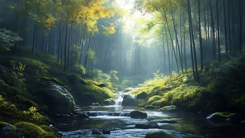 Luminous Stream Through Ancient Forest Cathedral.