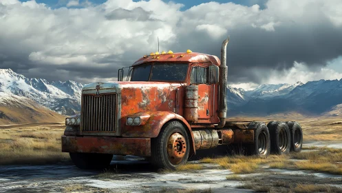 Weathered red truck resting proudly in wide open highlands.