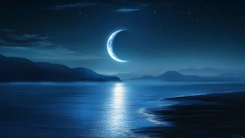 Crescent moon illuminates calm ocean and distant mountains